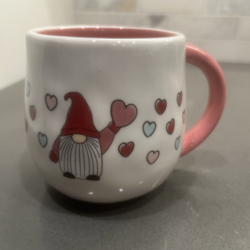 Tag White Speckled | Pink Interior Gnome Hearts Love Pot Belly Mug Coffee Tea